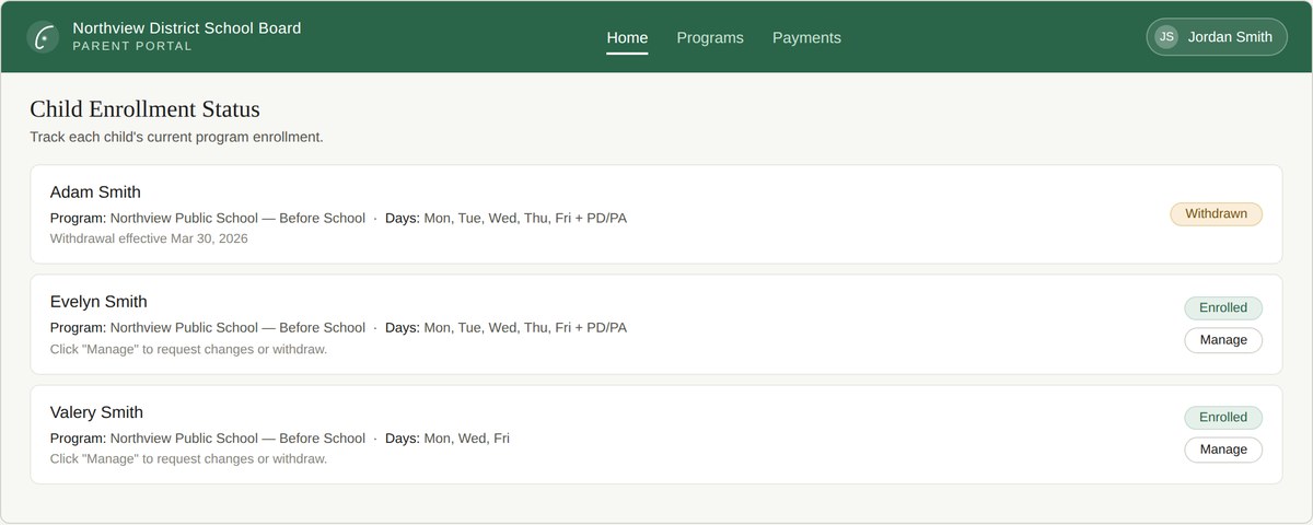 Kaya parent portal — child enrollment status view